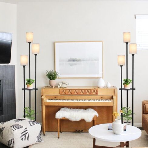 Boho Floor Lamp with Shelves, 3-Lights Farmhouse Tall Floor Lamp with ON/Off Foot Switch, Rustic Standing Lamp with Rattan Shades for Living Room Bedroom Office in Saudi Arabia