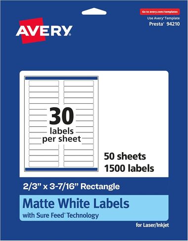 Avery Matte White Rectangle Labels with Sure Feed, 2/3" x 3-7/16", 750 Matte White Printable Labels in Kuwait