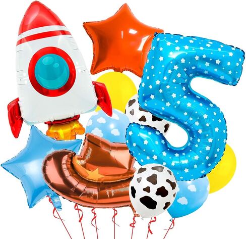 Toy Themed Number 2 Balloon, Happy Birthday Colorful Balloons With Rocket and Cowboy Hat, Rainbow for Kids Party (2) in Saudi Arabia