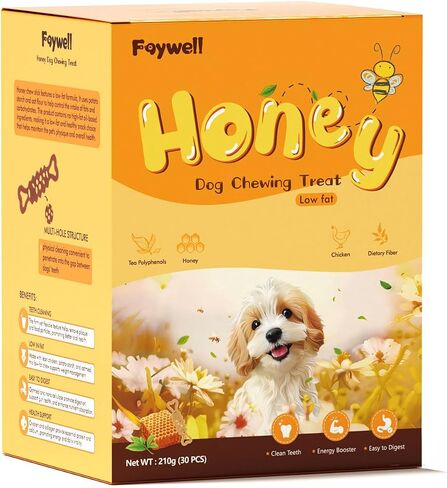 Honey Dog Chewing Treat with Tea Polyphenols and Dietary Fiber, Chicken & Honey Taste, Low-Fat Protein, 30pcs/210g (30pcs) in Kuwait