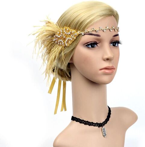 STIOEDYUAN 1920s Flapper Headbands Accessory for Women Roaring 20s Gatsby Vintage Rhinestone Beaded Leaf Feather Headpiece in Saudi Arabia