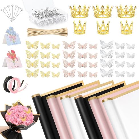 Waipfaru 314 Pcs Flower Wrapping Paper Accessories, 60 Sheets Waterproof Bouquet Wrapping Paper, with Crowns Butterfly Decoration Greeting Card &Wooden Stick for DIY, Valentines Day Gifts (10 Colors) in Kuwait