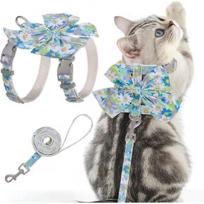 PAWCHIE Cat Harness and Leash Set with Bow Knot,Cats Escape Proof-Adjustable Daisy Floral Kitten Harness Soft Outdoor Walking Travel Pet Harness,Puppy Harness for Girl Cats Bunny Rabbit Small Dog,Blue