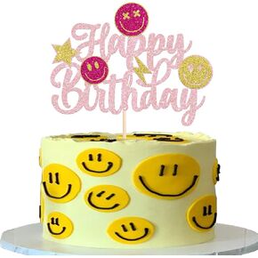 1 Pack Smile Face Happy Birthday Cake Topper Gold Glitter Cut Emoji Cake Pick Smiley Assorted Emojions Cake Topper For Girls Baby Shower Birthday Party Cake Decoration Supplies Pink 2