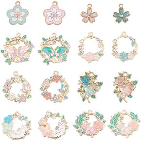 Sunnyclue 1 Box 48pcs 16 Styles Flower Flower Charms Floral Charm Gold Alloy Resin Resinestone Spring Butterfly Cat Garland Sakuras Wreath Tharms for Jewelry Making Dharms Diy Necklace Women