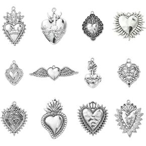 Ipotkitt 24 PCS 12 Styles Silver Silver Metal Heart & Sacred Heart Charms - Hothic Murner Love Charms for DIY Valentine Lanyard & Carring Making Making