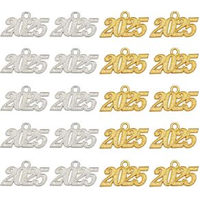 Beadthoven 60pcs العام الجديد 2025 سحر ميكس السبائك رقم 2025 تخرج غطاء شرابة السحر الفضي الذهبي المعادن الصغيرة المعلقات لصنع المجوهر