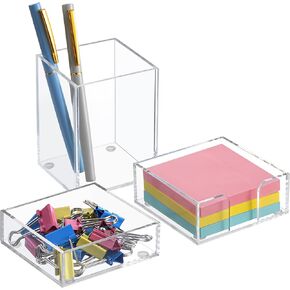 HBlife Office Desk Organizer Set of 3 with Pen Pencil Holder, Paperclip Storage and Sticky Note Holder, Clear Acrylic Desktop Accessories and Workspace Organizers for Women or Men