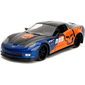 Jada Toys Bigtime Muscle 1:24 2006 Chevy Corvette Z06 Die-Cast Car-فتح الأبواب ، الغطاء ، الجذع ، الإطارات المطاطية (الأزرق/البرتقالي المعدني)