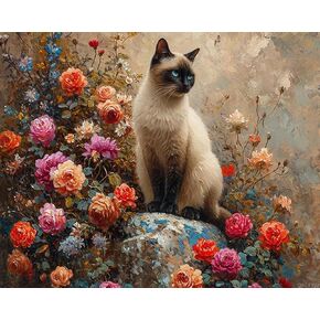 طلاء QacyId من الأرقام ، Siamese Cat in Zen Garden ، الحرف البالغة الطلاء الكبار من أدوات عدد ، فنيون للحرف اليدوية للديكور المنزلي 16 × 20 بوصة