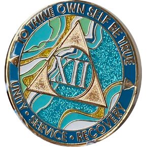 12 Year AA Medallion Elegant Marble Caribbean Aqua Glitter Blue Gold Plated Chip XII