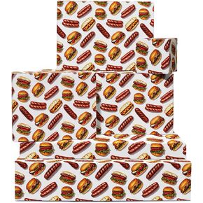 CENTRAL 23 Funny Wart Paper - Burgers and Hot Dogs Pattern - 6 صفائح من هدية عيد الميلاد لالتفاف للرجال يا أطفال - تأتي مع ملصقات - قابلة لإعادة التدوير