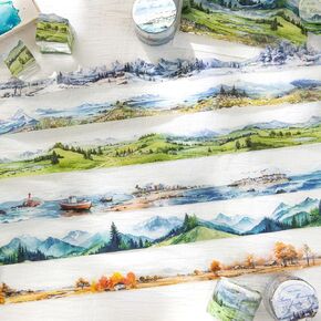 Maxleaf 6 Rolls Mountain Sea Pet Pet For Journession ، أشرطة طبيعية لاصقة زخرفية لخلاصات Scrapbooking Junk Journal يزود شريط تقنيع جمالي شفاف لمشاريع الفنون DIY