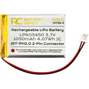 بطارية بوليمر الليثيوم 3.7 فولت 1050mAh 603450 1C حزمة البطارية القابلة لإعادة الشحن القابلة للإعادة شحنها قطبية إيجابية JST-PH2.0 2-pin بديل محتمل لـ 503450 653450 603048 604050