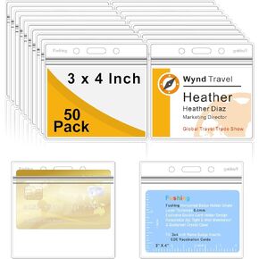 Fushing 50Pcs Extra Thick ID Badge Holders, Exclusive Double-Deck 3x4 Clear Plastic Horizontal Name Tag Badge ID Card Holders, Single Layer Thickness 0.4mm Thicker 60% Than Standard 0.25mm