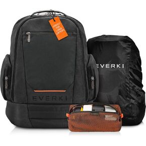 حقيبة الظهر المحمولة المحمولة الكبيرة من Everki Contempro (EKP117B) مع غطاء المطر وحقيبة الملحقات البرتقالية - حقيبة ظهر فسيحة مع مقصورة 17 "-18.4" ، سعة 42 لتر - حقيبة ألعاب ، حزمة الحقيبة والغطاء