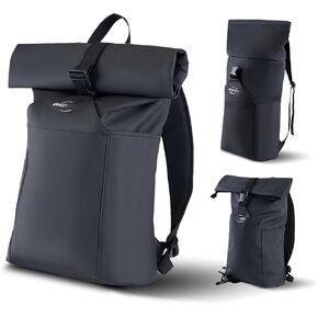 حقيبة الظهر Rolltop للرجال نساء ، خفيفة الوزن ، PU حقيب محمول حقيبة محمول للماء يناسب 16 بوصة الكمبيوتر المحمول سعة كبيرة قابلة للتعديل 23 لتر للموسم التخييم الجامعي للرياضة ، الأسود ، الأسود