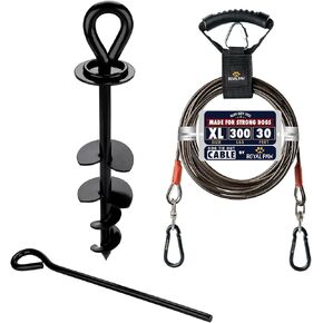 30ft Dog Tie Out Cable and Stake for Large Dogs up to 300 lbs - Heavy Duty Dog Stakes for Outside (Black Bundle)
