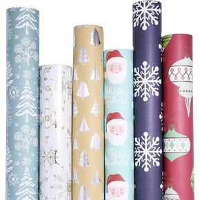UNIQOOO 6 Design Christmas Wrapping Paper Precut Sheet, 39.4x17 Each, Red Gold Kraft Foil Gift Wrap, 18 Pack Family Bundle