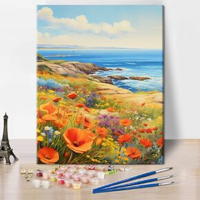 ترسم زهور Tumovo بأرقام للبالغين من الخشخاش والزمن في عرض البحر DIY DIY Paint by Number kits on Canvas Wildflower Acrylic Paint