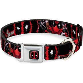 Marvel Comics Pet Collar, Dog Collar Metal Seatbelt Buckle, Deadpool Action Poses Splatter Logo Black Red White, 11 to 16.5 Inches 1.0 Inch Wide