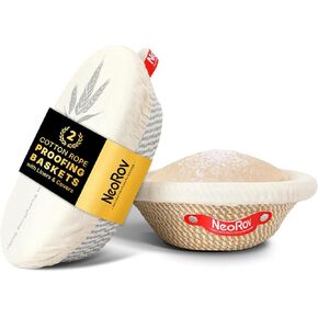 Handmade Cotton Rope Banneton Bread Proofing Basket Set - Oval & Round Bread Baskets - With Liner & Cloth Cover - For Proofing Sourdough Bread & Bread Storage (Grey & Khaki)