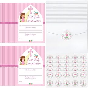 RELITHICK 36 PCS First Holy Compleion شكرًا لك على بطاقات الأولاد الأزرق في First Communion مع 36 مغلفًا و 50 ملصقًا معمودية دينية 1st Complein