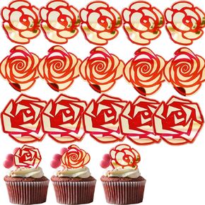 15 Pcs Mother's Day Rose Cupcake Topper Haapy Mother's Day Acrylic Rose-Shaped Cupcake Toppers, Mother's Day Red Gold Cake Decoration Baking Dessert Decor for Mother's Day Party