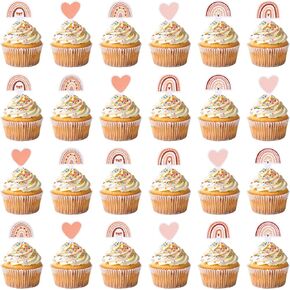 48 Pcs Boho Rainbow Cupcake Toppers - Boho Rainbow Birthday Party Decorations