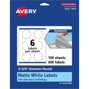 Avery TrueBlock Matte White Round Labels مع تغذية مؤكدة ، قطرها 2.75 بوصة ، 60 ملصقات بيضاء غير لامعة ، ملصقات طباعة للطباعة إلى الحافة ، والليزر/الحبر ، رائعة للتغليف وملصقات المنتجات