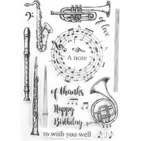 Arbuya Muscial Instrument Clear Stamps for Card Making and Journaling, Musical Flute Band Trumpet Silicone Stamps Music Note Rubber Stamps for Gift Tags Paper Crafting Scrapbooking Decor