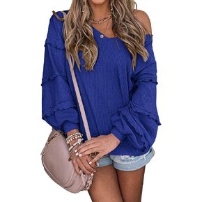 BTFBM Women’s V Neck Long Sleeve Blouse Loose Fit Tunics Ruffles Off Shoulder Waffle Knit Solid Color Tops Fall Tee Shirts