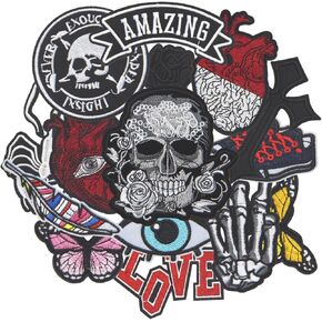 15PCS Punk Skull Iron on Patches, Scary Bone Finger Eyes Hearts Embroidered Repair Patches for Clothes, Cross Butterfly Applique for Hats, Jeans, Jackets, Bags, Backpacks, Dress, Shoes