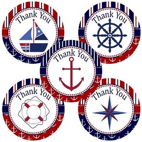 Navy Blue and Red Nautical Thank You Sticker Labels by Adore By Nat - Wedding Birthday Baby Shower Party - Set of 30