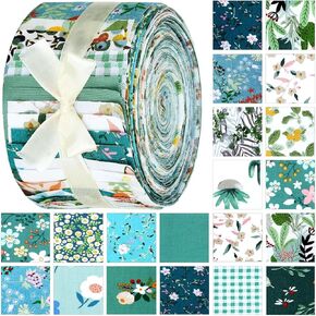 Kingdder 70 PCS Floral Cotton Fabricwork Roll 2.55 × 39.4 بوصة القطن النسيج لفة لفة القطن شريحة خياطة اللحف بسباق لفة المرقاء للحرف اليدوية DIY (زهرة خضراء)