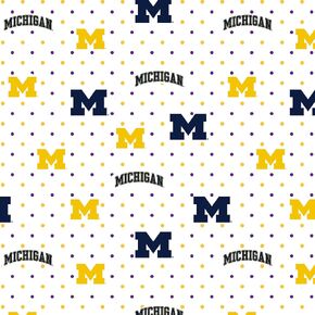 SYKEL ENTERPRISES University of Michigan Pin Dot Cotton Fabric Sold by The Yard-Michigan Wolverines Cotton Quilting Fabric-MCHG1323, White Ground, 43 Inches
