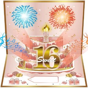 Sweet 16th Birthday Cards Pop Up 3D Cake - Firework & Music & Blow Out Candle Light Funny - Happy 16 Party Decorations, 16th Birthday Card Gifts for Girls, Friends, Daughter