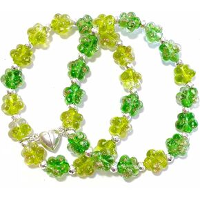 ARTSY Crafts 2pcs Glow in the Dark Firefly Bead Bracelets, Handmade in USA Flower Shaped Firefly Glass Jewelry, Friendship Bracelets Murano Glass Mermaid Bracelet Bangle
