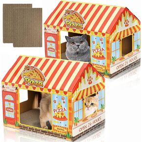 2 حزمة من منازل القط من الخزانة مع خدش ، 16.5'x12.25''x15 '' Cat Hideaway Playhouse ، أسرّة خدش كيتي للقطط الداخلية ، خيمة Cathiture Catture Cathiture Pizza Shop Cath For Bunny Small Animals