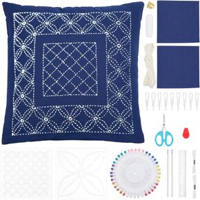 FREEBLOSS Sashiko Pillowcase Kit DIY Embroidery Kit for Beginners with English Instructions, Sashiko Thread and Needles