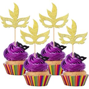 24 PCS Masquerade Masks Cupcake Toppers with Glitter Minnie Mouse Inspired Masquerade Mardi Gras Cupake Picks for Mardi Gras Theme Baby Shower Birthday Party Cake Decorations Supplies