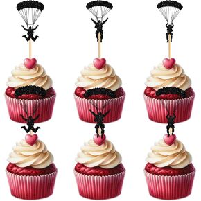 18pcs Black Glitter Parachuting silhouette cupcake topper لمحبي القفز بالمظلات يطير