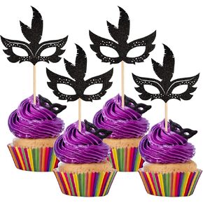 24 PCS Masquerade Masks Cupcake Toppers with Glitter Minnie Mouse Inspired Masquerade Mardi Gras Cupake Picks for Mardi Gras Theme Baby Shower Birthday Party Cake Decorations Supplies in Kuwait