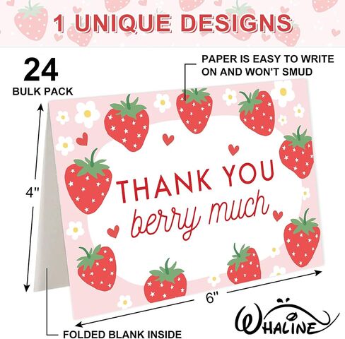 Whaline 24 Pack Strawberry Thank You Cards Bulk Pink Fruit Greeting Cards with Envelopes Stickers Blank Note Cards for Summer Wedding Birthday Baby Shower Party Supplies, 4 x 6 Inch in Kuwait