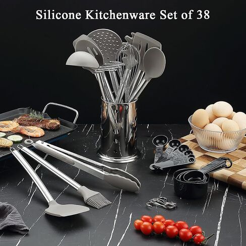 Kitchen Utensils Set, Kyraton 38 Piece Silicone kitchen Cooking Utensils Set with Utensil Rack, Spoon Spatula Set, Non-Stick kitchen Gadgets, Dishwasher Safe in Kuwait