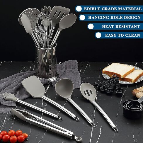 Kitchen Utensils Set, Kyraton 38 Piece Silicone kitchen Cooking Utensils Set with Utensil Rack, Spoon Spatula Set, Non-Stick kitchen Gadgets, Dishwasher Safe in Kuwait