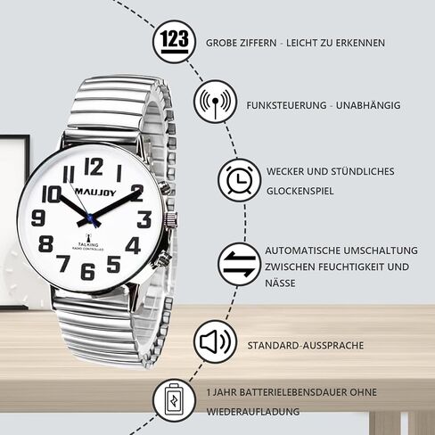 Atomic American English Talking Watch Speaks Clear and Loud Time, Date and Alarm time Stretch Band is Best Gift for Senior,Visually impaired, or Blind People in Kuwait
