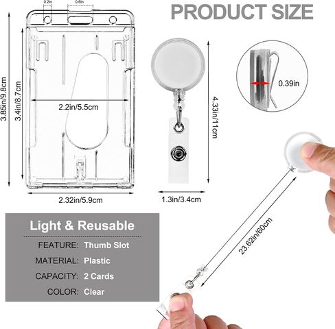 Horizontal Clear Badge Holders and Retractable Round Badge Reel Clips, Transparent PC Hard Plastic ID Name Card Holder with Thumb Slot,for Office School Hospitl Driver Passe in Saudi Arabia
