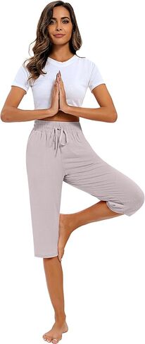 Riyiper 3 Pack Women Causal Capri Pants Drawstring Lounge Yoga Capri Sweatpants Loose Wide Leg Crop Trousers with Pockets in Kuwait