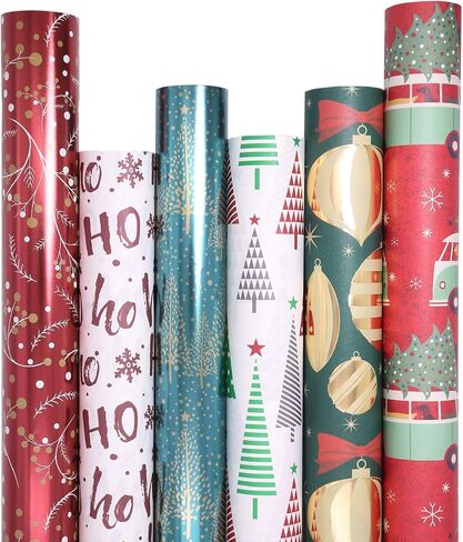 UNIQOOO 6 Design Christmas Wrapping Paper Precut Sheet, 39.4x17 Each, Red Gold Kraft Foil Gift Wrap, 18 Pack Family Bundle in Saudi Arabia